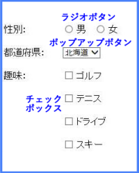 ラジオボタン、チェックボックス、ポップアップボタンの例が表示されている図