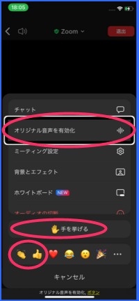 チャット、オリジナル音声の有効化、手を上げるボタンなどが表示された詳細ポップアップウインドウ