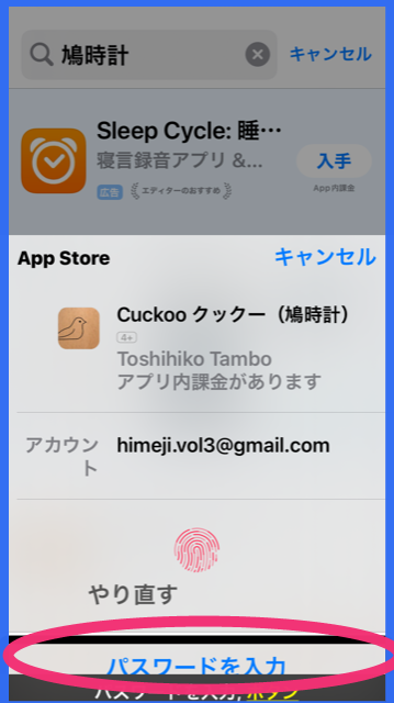 認証画面のスクリーンショット。右スワイプで進むと「Touch IDでインストール」と読み上げる。