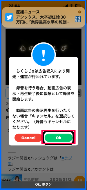 録音ボタンをダブルタップした後、広告に関するポップアップウインドウのスクリーンショット。そこには、CancelボタンとOKボタンが表示されている。