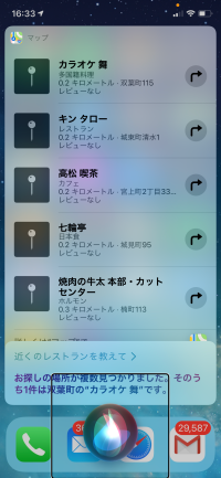 Siriにレストランの検索をリクエストした結果の画面です。Siriが呼び出された時の丸いSiriのシンボルが画面下部に表示されています。 5つの結果が画面中央部に表示されています。