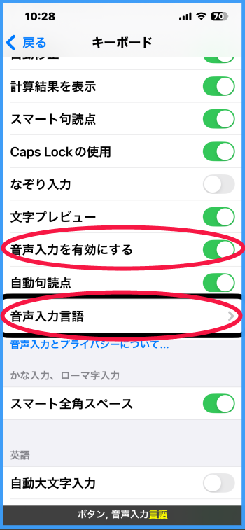 設定」> 「一般」>「キーボード」の画面。「音声入力を有効にする」ボタンと「音声入力言語」に赤のマークが記されている。