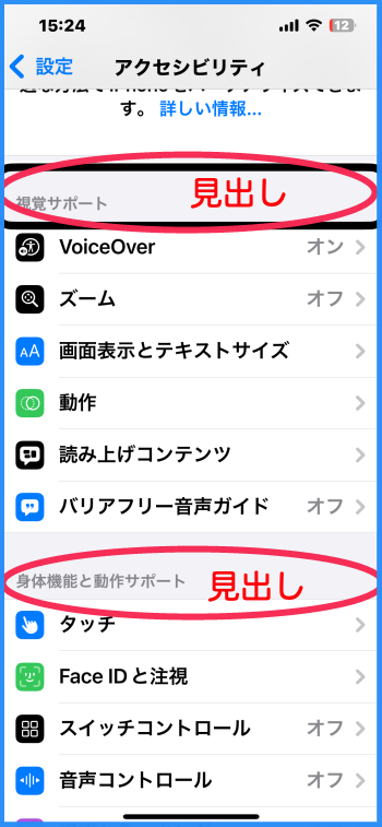 アクセシビリティ画面で、ローターを使って「見出し」読みをしている。「視覚サポート」の次は、「身体機能と動作サポート」と読み上げる。