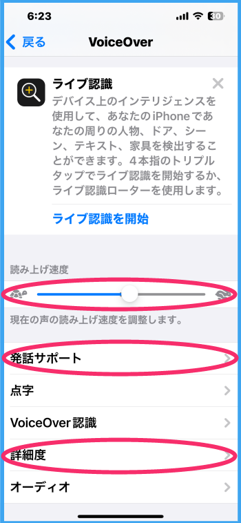 VoiceOverの設定画面に、読み上げ速度を調整するスライダー、発話サポート、詳細度などのボタンが表示されている。
