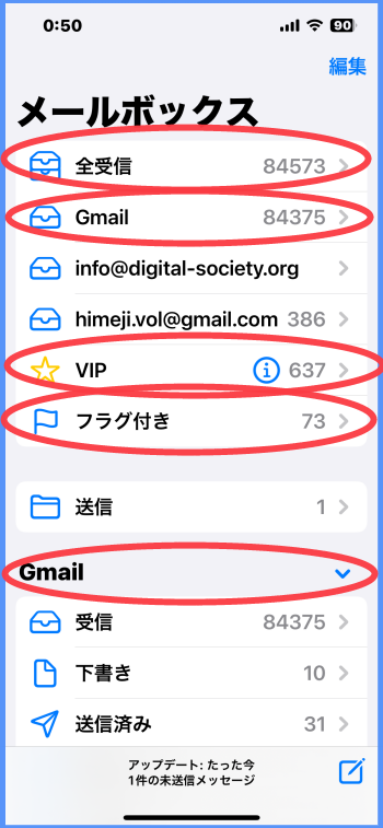 メールボックス画面に上から、前受信、Gmail、VIP、フラグ付きのフォルダーに赤いマークが入っている。