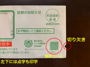 封筒の右下に音声コードと切り欠きがついています。