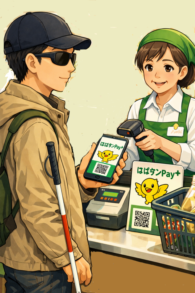 視覚障がい者がスーパーのレジではばタンPayで支払いをしているイラスト